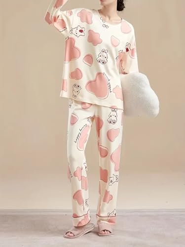 Image of GLASGO Women's Cotton Pajama Set with Top & Pants|| Korean Night Wear|| Loose Fit Home Wear || Lightweight Printed Set || Soft & Comfy Sleepwear for Girls & Women || LNS-4-$
