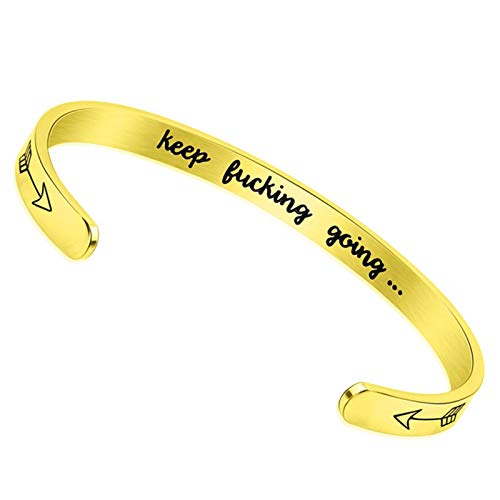 LucBuy Inspirational Gifts Bracelets, Stainless Steel Cuff Bangle Engraved Motivational Mantra Keep Going, Adjustable High Polished Band, Friendship Birthday Jewelry (Gold)