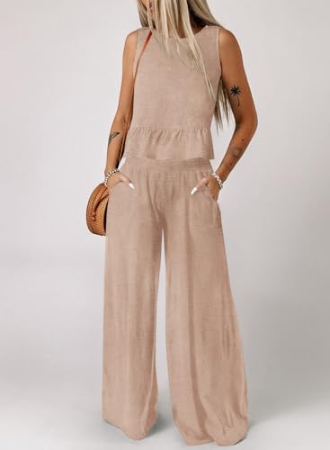 Image of Dokotoo Pants Sets Women 2 Piece Outfits Sleeveless Round Neck Tank Tops Matching Sets for Women Elastic Waist Wide Leg