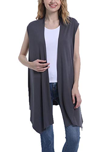 Women's Solid Color Sleeveless Cardigan Soft Open Front Asymmetric Hem Draped Layering Vest with Side Pockets (Grey, L)