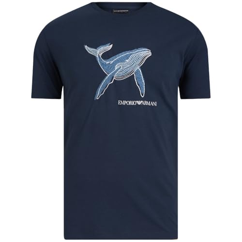 EMPORIO ARMANI Round-Neck T-Shirt Camiseta, Ballena con Estampado Azul, XXL para Hombre
