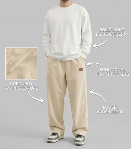 Image of Zombom Men's Comfortable Baggy Corduroy Pants | Relaxed Fit Stretch Waist Trousers for Everyday Wear | Casual Trouser for Man