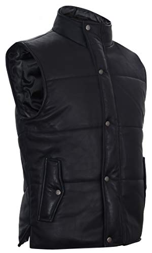 Men's Black Leather Puffer Padded Vest Waistcoat - Product