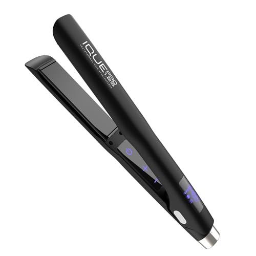 iQUE 1.25” Titanium Plates Hair Straightener & Curler 2-in-1 – Fast Heat-Up Flat Iron with Ionic Technology, Floating Plates, LCD Display, Adjustable Temp to 480°F, Dual Voltage for All Hair Types
