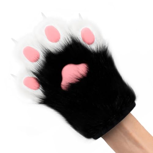 hbbhml Kunstpelz Plüsch pelzige Katze Kralle Handschuhe Fursuit Tier Fuchs Pfoten Fäustlinge Halloween Kostüm Zubehör für Erwachsene