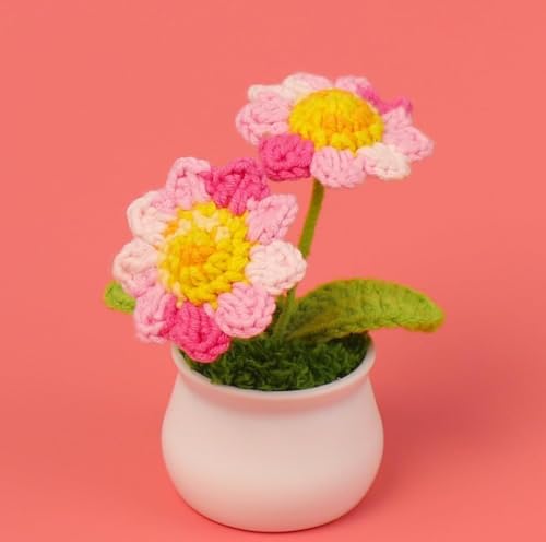 Image of VRB DecTM 1 Pcs Crochet Flowers Artificial Twin Sunflower for Office Desk Car Dashboard Decor,Home Decoration,Festival,Office, Bedroom, Christmas Decor. (Twin Pink Sunflower with Pot)