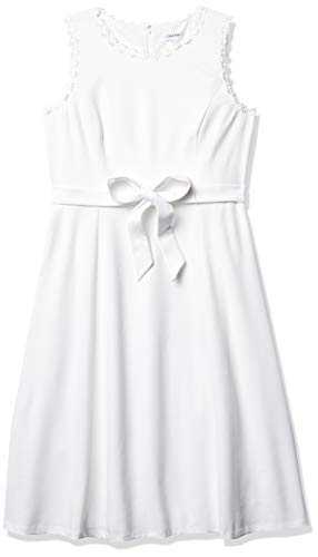 Calvin Klein Women's Sleeveless Midi Dress with Floral Trim, White, 8