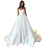 Mollyevers Satin Wedding Dress for Bride Strapless White Bridal Gowns for Women with Pockets Size 4