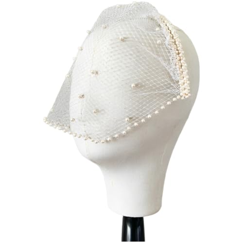 Diadema de novia con velo de jaula de pájaros y perlas blancas