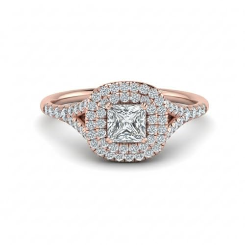 Image of Choose Your Gemstone Delicate Double Halo Diamond CZ Ring Rose Gold Plated Princess Shape Halo Engagement Rings Matching Jewelry Wedding Jewelry Easy to Wear Gifts US Size 4 to 12