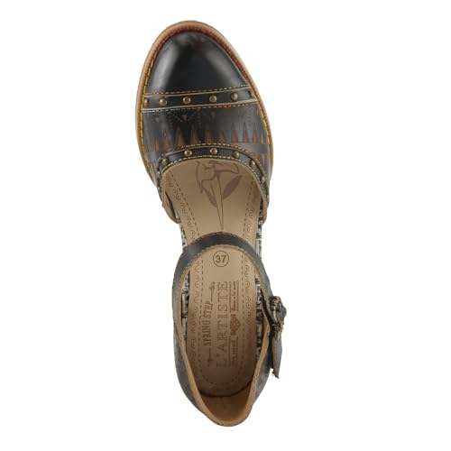 L'Artiste Women's NIOBELLA Hand-Painted Hook-and-Loop Mary Jane – Geometric Design, Decorative Buckle, Faux Stacked Heel3