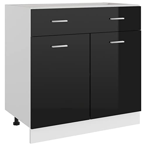 vidaXL Armoire de Plancher Placard Armoire de Rangement Meuble de Cuisine avec 1 Tiroir et 2 Etagères Intérieur Noir Brillant 80x46x81,5 cm Aggloméré