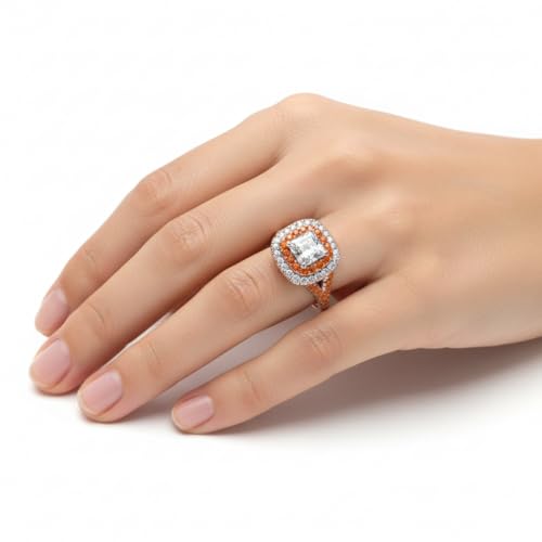 Image of Choose Your Gemstone Delicate Double Halo Diamond CZ Ring Rose Gold Plated Princess Shape Halo Engagement Rings Matching Jewelry Wedding Jewelry Easy to Wear Gifts US Size 4 to 12