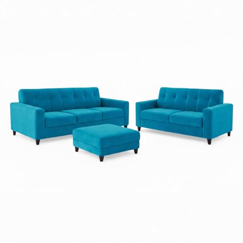 Image of Homeboy Luxe Velvet-Suede Fabric 3 + 2 Seater with Ottoman Sofa Set | Comfortable & Spacious Seating for Upto 6 Person | Modern Sofa Set for Living Room - Aqua Blue