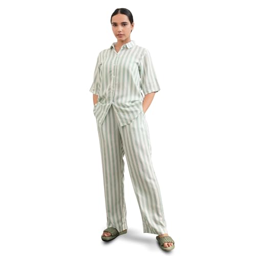 Image of Women's Cotton Loungewear, Nightwear Green and White Stripes Half Sleeves Shirt with Pyjama ; DR.BD-PS-MGSPS
