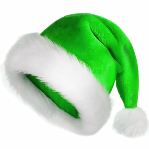 JUANANIUG Green Santa Hat for Adults: Xmas Holiday Hat for Women and Men - Extra Thicken Classic Fur for Christmas New Year Festive Holiday Party Supplies