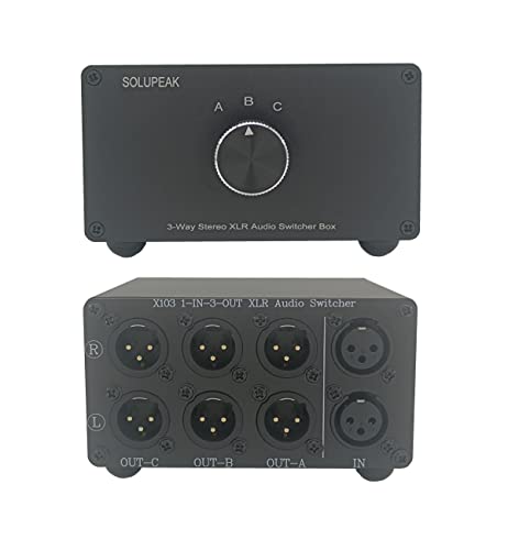 SOLUPEAK 1 in 3 Out XLR Balanced Audio Switch Box, 3-Channels XLR Stereo Converter,Passive Signal Source Audio Input Selector Switcher Splitter 1-to-3 Box (X103)