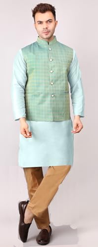 Image of Men's Cotton Silk Blend Regular Kurta Pyjama, Embroidered Nehru Jacket /Waistcoat Set