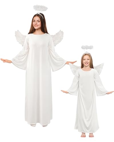 Toulite 3 Pcs Angel Costume Woman Including Angel Dress Headband Wing Nativity Costume for Halloween Adults Kids Girls Boys(0-3y/23.62 Inches White)