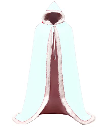 Sky Blue Long Wedding Cloak with Hooded Cape Winter Fur Trim and Hand Muff 59 Inches