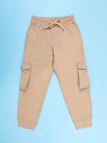 Image of KiddoPanti Boys Solid Fleece Cargo Track Pants | Cotton Poly Fleece Fabric | Ankle Length Jogger | 2 Cargo Pocket,1 Side Pocket | Elastic Waist & Drawcord | Jogger Track Pants