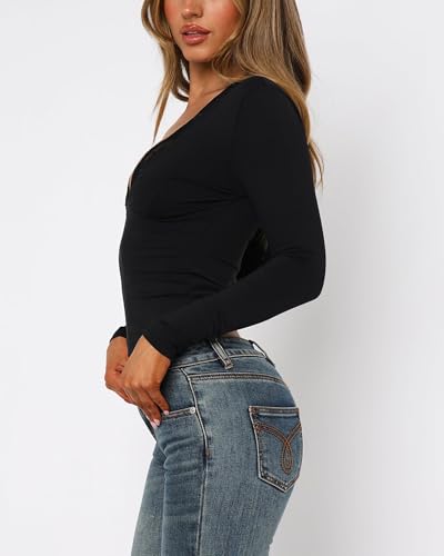 Women's Long Sleeve Crop Tops Sexy V Neck Trim Lace Tees Y2K Spring Fashion Slim Fitted T Shirts Going Out Tops3