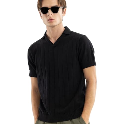 Image of SNITCH Men T-Shirts | Slim Fit Polo Collar Half Sleeve | Textured Self-Design Cotton Fabric | Breathable & Casual Wear