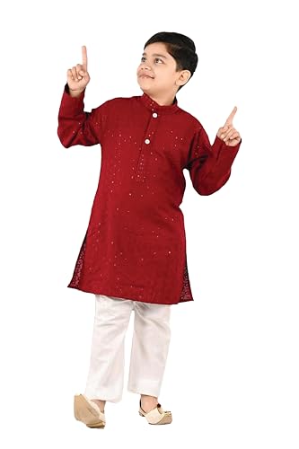 Image of Traditiona Kurta with White Pajama Set, Kids Ethnic Wear, Cotton Blend