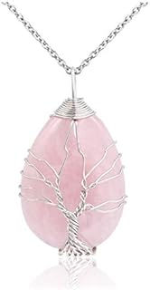 JOVIVI Natural Rose Quartz Tree of Life Necklace for Women Pink Quartz Healing Crystal Necklace Wire Wrapped Tree Rose Quartz Teardrop Pendant Jewellery Gifts