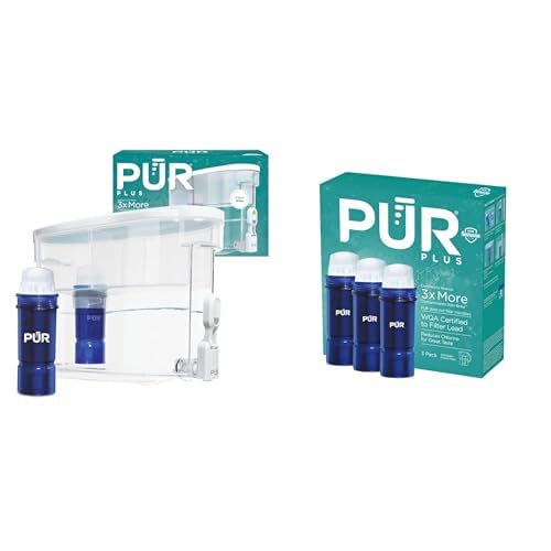 Image of Bundle of PUR PLUS 30-Cup Water Filter Dispenser with 1 Lead-Reducing PUR PLUS Filter, Dishwasher Safe, White + Water Filter Replacement for Pitchers, 6-Month Supply, 3 Count