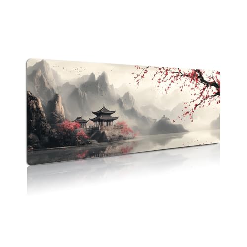 Extended Gaming Mouse Pad, Large Mouse Mat 3 mm Nature Rubber Base Mousepad with Stitched Edges, Non-Slip Desk Mat for Office Home Great Gift 31.5x11.8 Inch (Japanese Watercolor)