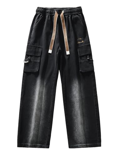 Dvbfufv Men's Summer Straight Multi-Pockets Wide Leg Denim Cargo Pants Large Size Lightweight Baggy Jeans Trousers