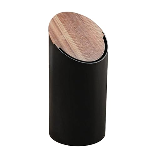 Caneca de basura redonda blanca con tapa de madera
