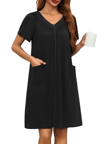 Image of Ekouaer Women Robe Zipper Front Mumu Duster Robes Zip Up Housecoat Soft Sleepwear with Pockets