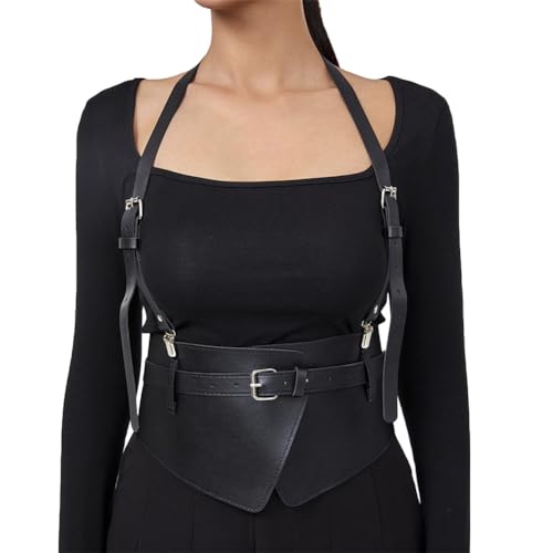 HotYou Mujer Punk Cinturón de Arnés de Cintura Cuerpo de Cuero PU Cadena de Pecho Chaleco Gótico para Fiesta de Cosplay Rave Disfraz de Halloween,Negro,Cintura(73-82) CM