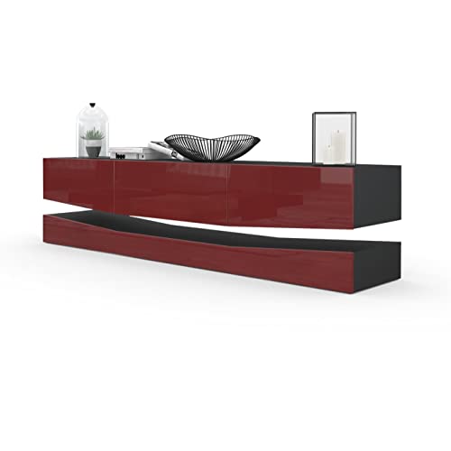 Vladon Buffet Bas City, Meuble TV avec Socle, 1 Compartiment Ouvert et 3 tiroirs, Noir Mat/Bordeaux Haute Brillance (178 x Variable x 39 cm)