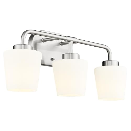 Image of Bathroom Light Fixtures Over Mirror, 3-Light Brushed Nickel Vanity Lighting Fixtures with Milk White Glass, Vintage Farmhouse Wall Sconces Lighting, AD-22004-3W-SN