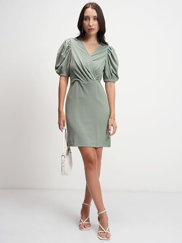 Image of Tokyo Talkies Womens Chic Sheath Mini Dress | Puff Short Sleeves for A Modern Elegance Sheath | Mini Length | Figure-Hugging Silhouette | Dress for Women | Women Dress | Stylish Women Dress
