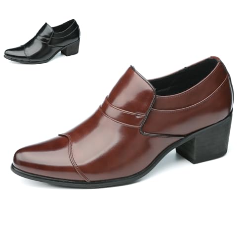 ENGEOSNGT Men's Leather Chunky Heel Slip On Dress Loafers Fashion Classic Pointed Toe Low Top Block High Heel Heightening Oxford Shoes Casual Business Wedding Prom Work Formal Shoes (Brown,7)