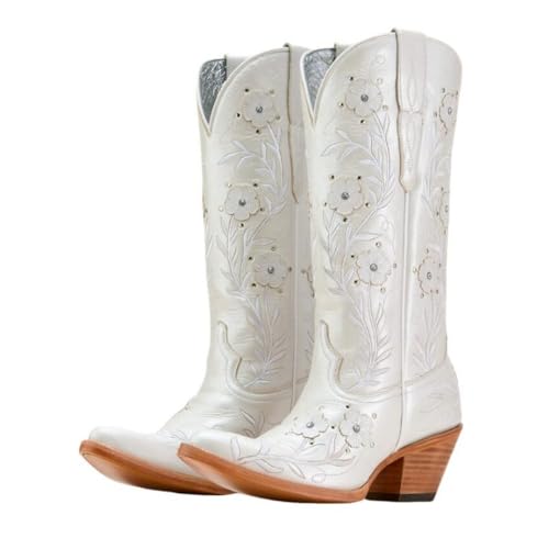 UniqueStride Flower Cowboy Boots Women Rhinestone Embroidered Western Cowgirl Boots Chunky Block Heel