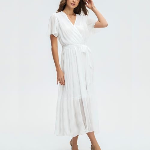 Image of Women's Summer Bohemian Floral Chiffon Dress Cap Sleeve V Neck Ruffle Long Flowy Boho Casual Vacation Dresses