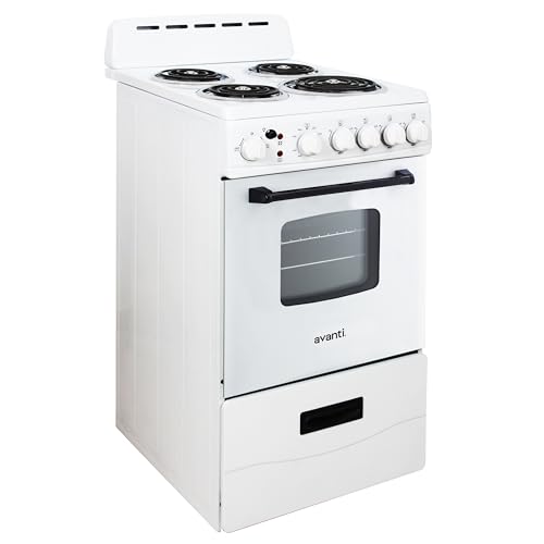 Avanti ERU240P0W Electric Range Oven Compact Design, 2.6-Cu.Ft. Capacity with 4 Coil Burners, Framed Glass Door, Storage Drawer and Broiler with Pan Perfect for Apartment RV Tiny Home, 24-Inch, White