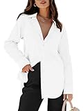 siliteelon Womens Button Down Shirts Dress Shirts Long Sleeve Blouses V Neck Solid Casual Tunics Tops with Pockets - White L