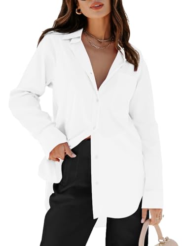 siliteelon Oversized White Button Down Shirts for Women Dress Shirts Long Sleeve Blouses Work Casual Tunics Tops with Pockets - White L