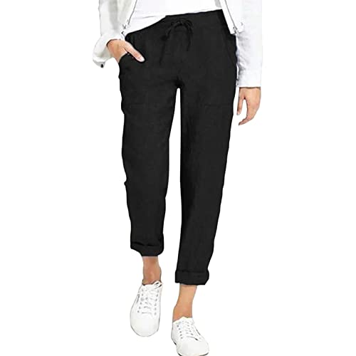 Womens Linen Pants High Waisted Drawstring Lightweight Summer Pants Baggy Straight Leg Solid Trousers with Pockets Black XXL
