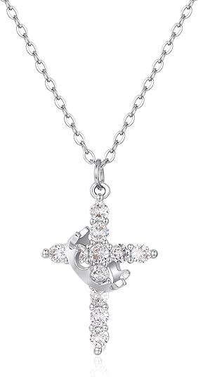 Crown Cross Necklace for Women,Crown Cross Pendant Necklace Simple Cubic Zirconia Necklaces Faith Cross Jewelry First Communion Necklace