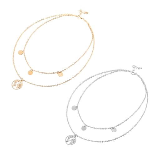 MAGICLULU Collar Colgante de Mapa del Mundo Redondo, 2 Piezas, Doble Capa, Color Dorado y Plateado, Elegante Gargantilla para Mujer, Joyería Fina para Ocasiones Obsequios