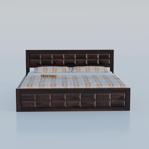Image of Solid Sheesham Wood King Size Bed with Storage | Wooden Double Bed Cot for Bedroom & Home | Palang Double Bed with Designer Headboard | Walnut Finish, 81 x 74 Inch
