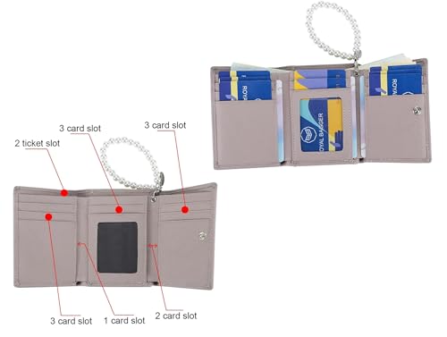 Genuine Real Leather Trifold Wallet with Coin purse for Women, ID Card Holder Case With Pearl Beads Hand Strap - Black4