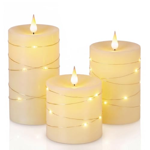 Image of Homemory Ivory Flameless Candles with String Lights, Set of 3 Battery Operated LED Pillar Candles with 3D Flickering Wicks, 11-Key Remote Control and Timer for Home, Wedding and Christmas Decor